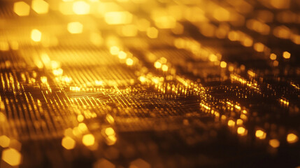 Poster - Golden circuit board close-up showcasing intricate details under warm lighting