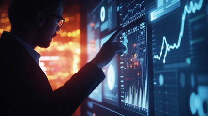 Poster - Business professional analyzing data on a digital interface in a vibrant office environment at night