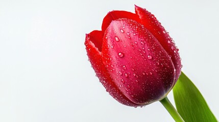 Canvas Print - A single red tulip with water droplets, against a plain background.