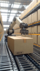 Poster - A robot is working on a box in a warehouse. The robot is designed to handle and move boxes, making it an efficient and effective tool for warehouses. Concept of productivity and automation