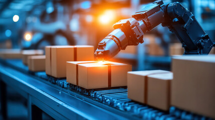 Poster - A robot is working on a conveyor belt with boxes. The robot is focused on a box in the middle of the conveyor belt