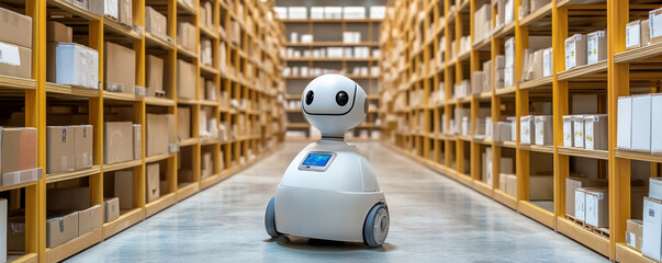 Poster - A robot is standing in a warehouse with many boxes. The robot is smiling and he is happy