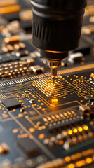 Poster - A close up of a circuit board with a small light on it. The light is on a small pin that is being inserted into the board. Concept of precision and attention to detail