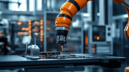 Poster - A robot is working on a piece of electronic equipment. The robot is orange and has a drill in its hand. The scene is set in a factory or workshop, with various machines and tools around the robot