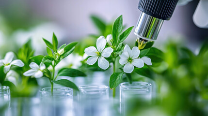 Poster - a scientist is examining a plant under a microscope. the plant is white and has green leaves. the sc