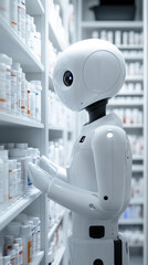 Poster - A robot is in a pharmacy, looking at the shelves. The robot is white and has a face