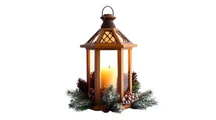 Wall Mural - Christmas lantern with candle and snowflakes, a cozy winter holiday scene