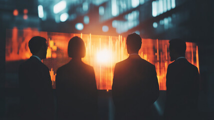 Poster - Business professionals observing digital data projections in a modern office during evening hours