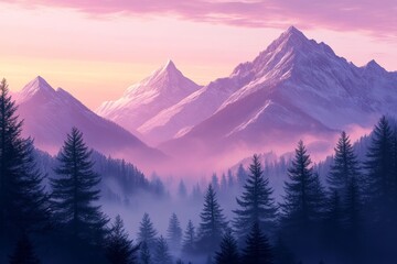 Wall Mural - Dawn breaks over serene mountain landscape with mist and snow-capped peaks, illuminating the pine forests in soft hues