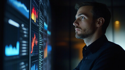 Poster - Tech professional analyzing data trends on a large screen in a modern office during evening hours
