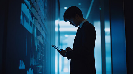 Poster - Business professional analyzing data on a digital device in a modern corporate setting
