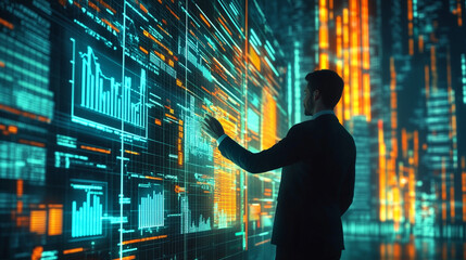 Poster - Business professional analyzing data on digital display in modern office setting at night