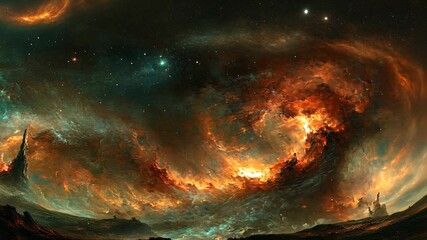 Wall Mural - fiery nebula over alien landscape, space, stars, galaxy, cosmos, universe