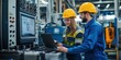 © Old Man Stocker - Engineers Analyzing Data on Factory Control System. Two engineers in hard hats analyzing data on a factory control system, focused on efficiency and accuracy in manufacturing processes.