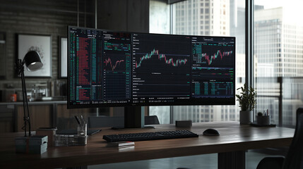 Poster - Modern trading desk with dual monitors displaying stock market data in a bright urban office