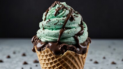 Creamy mint chocolate chip ice cream served in a waffle cone with chocolate drizzle on a dark background