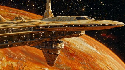 Wall Mural - spaceship orbiting planet, stars, galaxy, futuristic, sci-fi, science fiction