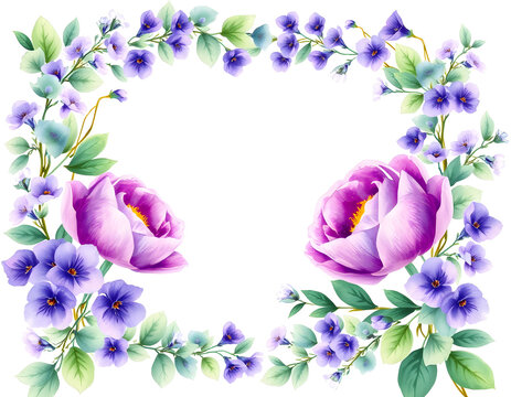 Watercolor floral border - frame. Violet flowers and eucalyptus greenery illustration isolated on transparent background. Purple roses