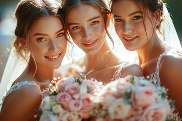 Three brides smiling and holding a bouquet of flowers