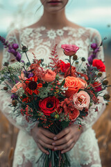 Elegant bride holding a bouquet of flowers