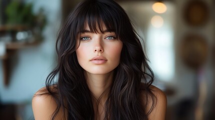 a woman with long dark hair and bangs poses indoors with a serene expression, accentuated by soft na