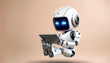 © SaddhaVisual - AI robot using tablet floating or flying isolated on biege background