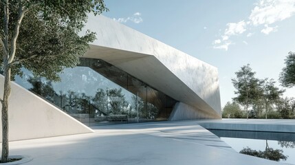 Aufkleber - Minimalist glass and concrete facade with geometric cutouts, sky