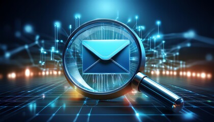 Poster - A magnifying glass focuses on an envelope icon amidst a digital network, symbolizing email search and communication in a tech-driven world.
