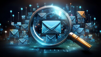 Poster - A digital magnifying glass hovering over blue email icons, symbolizing search, communication, and technology in a vibrant background.