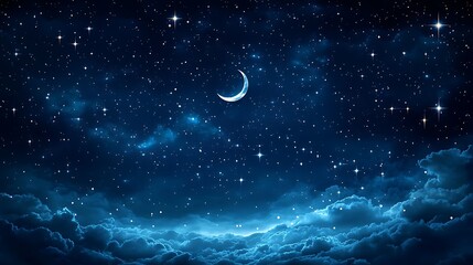 A seamless night sky-inspired carpet pattern with glowing stars and moon motifs in soft silver and pale blue, set against a dark indigo background,