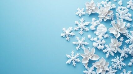 Poster - Sparkling snowflakes on a gradient blue background, open space for seasonal messages