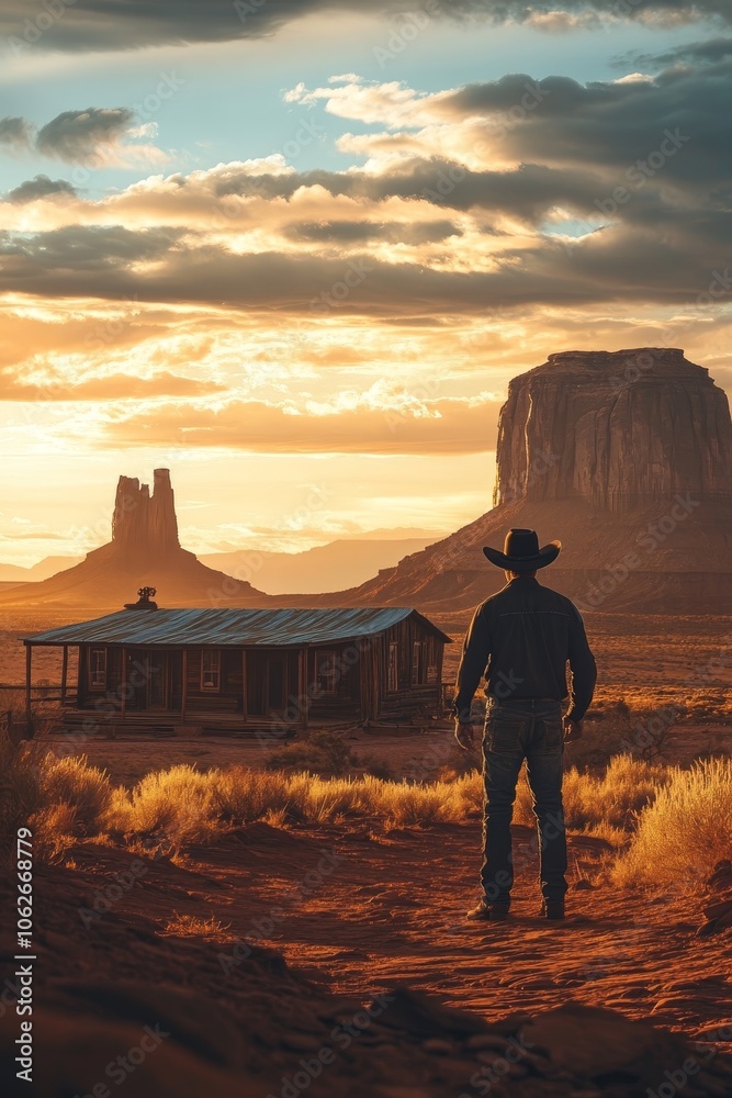 Charming cowboy scene with texas saloon backdrop and sunlit dramatic ...