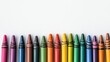 © SETSU NART - Top view of open crayons and art supplies on white background, vibrant theme with room for Children Day message