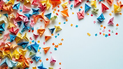 Fototapete - Vibrant origami paper shapes scattered on a plain background, ample copy space for Children Day greetings