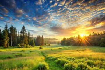 wide-angle summer landscape with sunrise, forest, and meadow