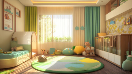 Use a warm palette of greens, blues, and yellows with soft glowing accents for a friendly atmosphere. Bright colors should create a fun vibe that's engaging for children without being overwhelming.