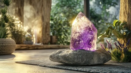 Amethyst crystal placed on a moss covered rock during a meditative session in a lush serene forest environment representing the healing power of nature wellness and spiritual connection