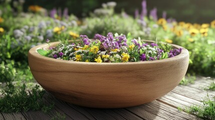 Wooden bowl filled with a variety of healing herbs plants and essential oils arranged in a decorative and soothing display for natural wellness aromatherapy and holistic lifestyle