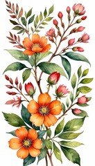 a set of bold watercolor blossoms with rich pigmentation and varied flower types, complemented by slender leaves and branches