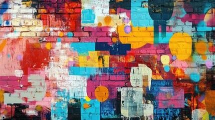 Poster - A vibrant mix of graffiti tags and abstract patterns, filling a brick wall with bold colors, lines, and textures, showcasing urban street art culture.