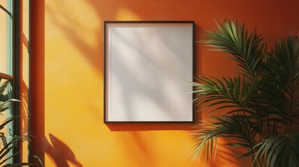 Poster - blank frame mockup on orange wall with palm plant.