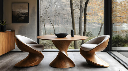 Modern interior with a round wooden table, two chairs, and a window overlooking a forest and lake. 