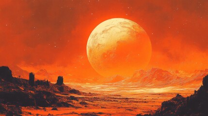 Wall Mural - planet mars illustration, orange red eroded mars surface, science fiction background.