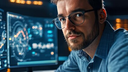 Poster - Focused Programmer: A close-up portrait of a concentrated programmer with glasses, staring intently at his computer screen, surrounded by a glowing digital dashboard.  