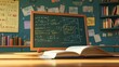 © Dragon42 - Cozy Classroom with Chalkboard and Open Book in Warm Sunlight, Featuring Mathematical Equations and Educational Posters