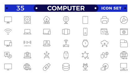 Computer icon set. Containing online, computer, network, website, server, web design, hardware, software monitor, smartphone, tablet and laptop and programming . Outline icons vector collection.