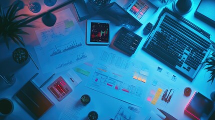 Poster - Modern Workspace with Charts and Technology Elements