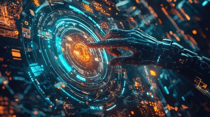 Poster - Futuristic Robotic Hand Interacting with Digital Interface