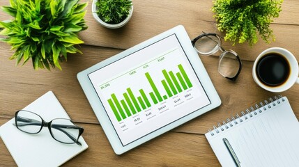 Poster - Green Bar Graph on Tablet Surrounded by Office Items