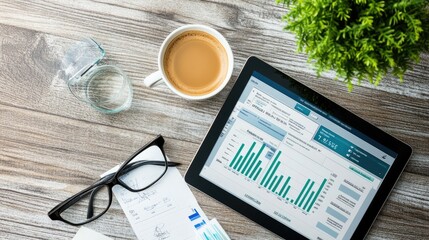 Poster - Digital Dashboard with Coffee and Glasses on Table